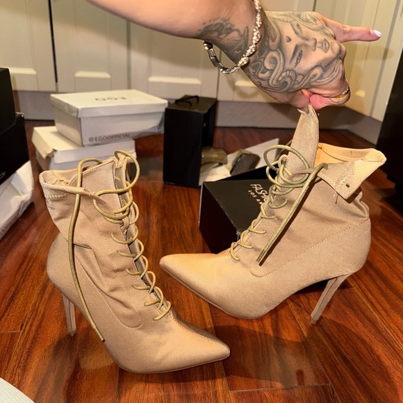 Fashion Nova Tan Heeled Lace-Up Boots - Picture 1 of 10